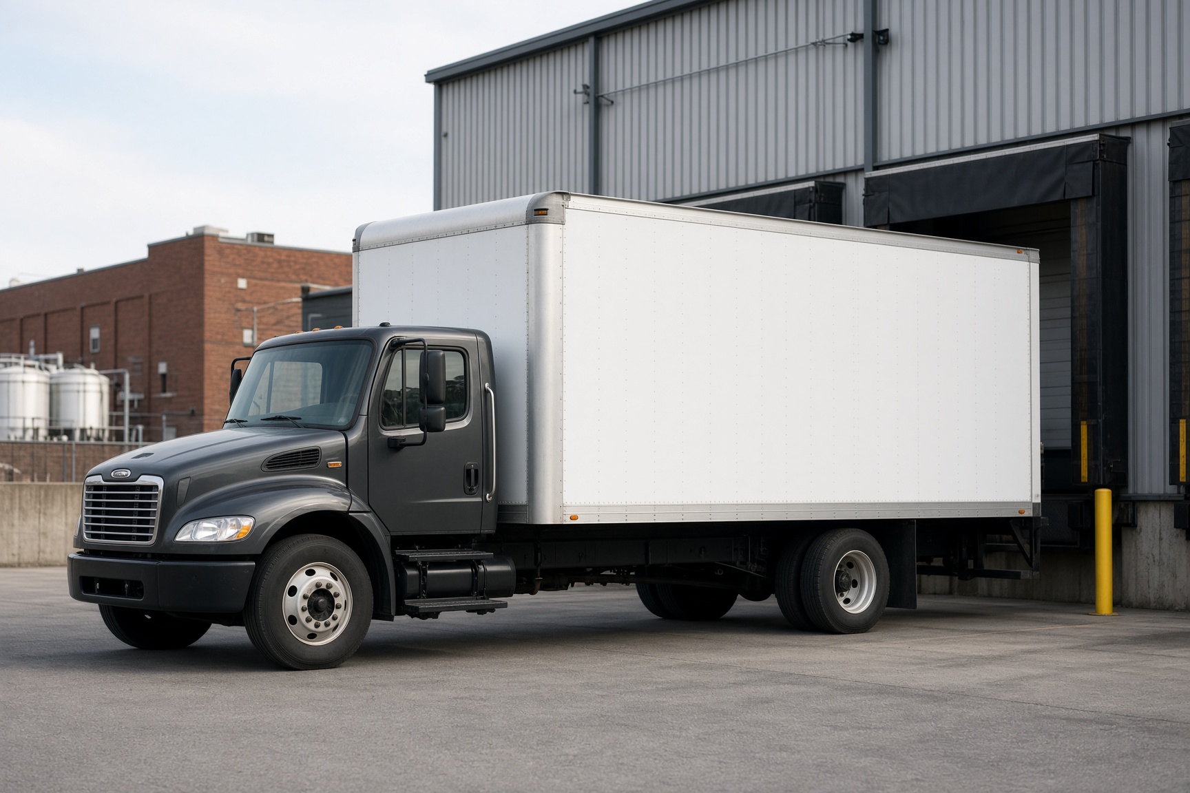 A conventional box truck with a hood, not a cabover