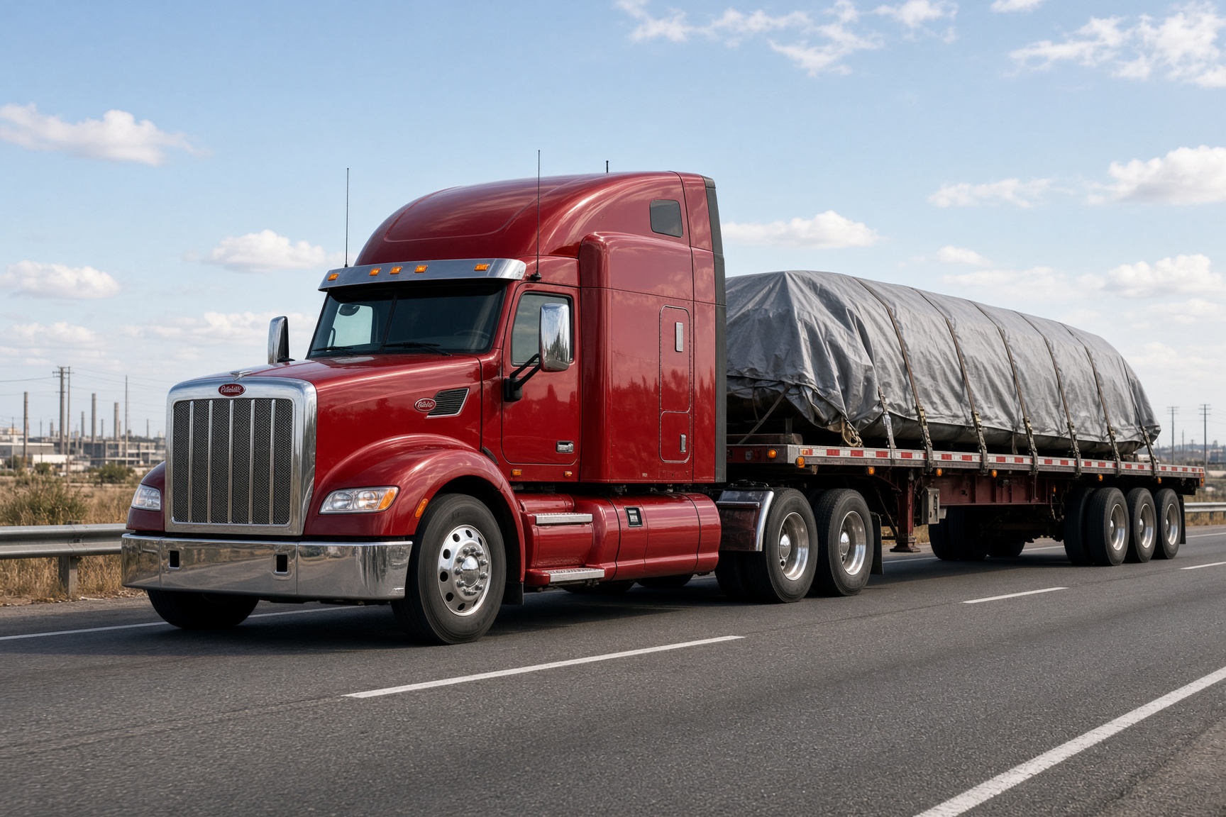 A Peterbilt sleeper with two rear axles hauling tarped pipe on a flatbed