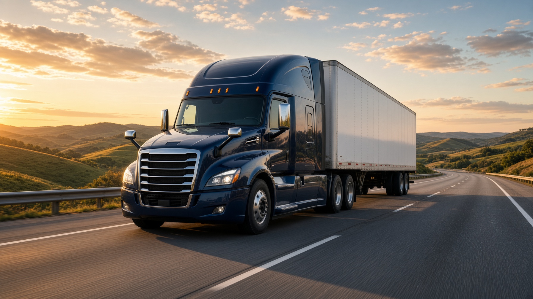 A well-kept tractor-trailer on an open American interstate