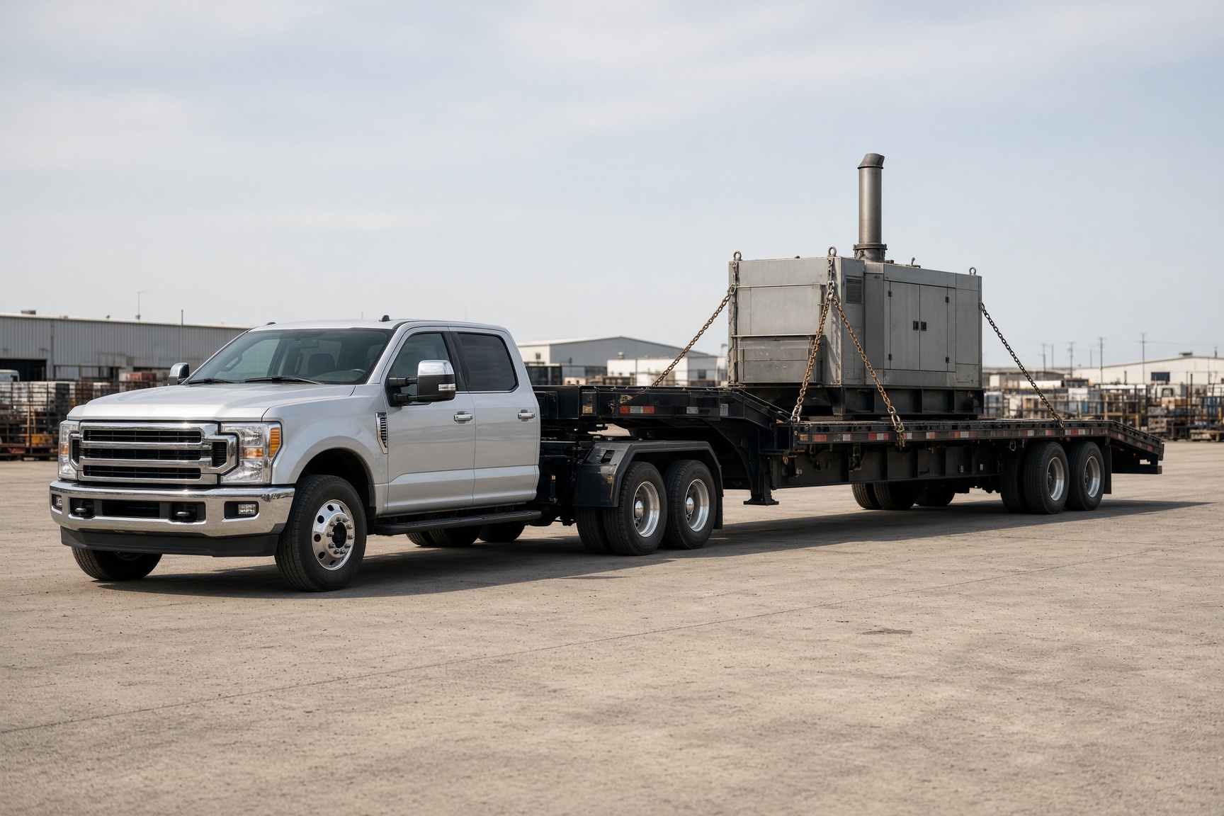 A one-ton dually pickup hooked to a flatbed trailer carrying a generator