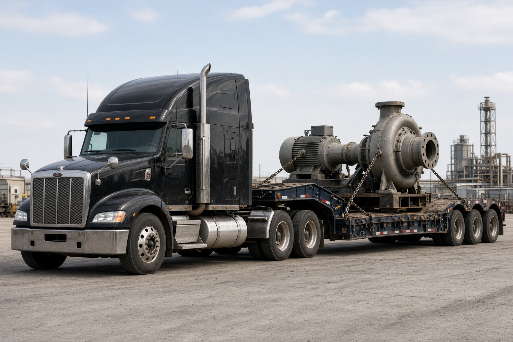 A sleeper tractor hooked to a double-drop trailer carrying an industrial water-plant pump