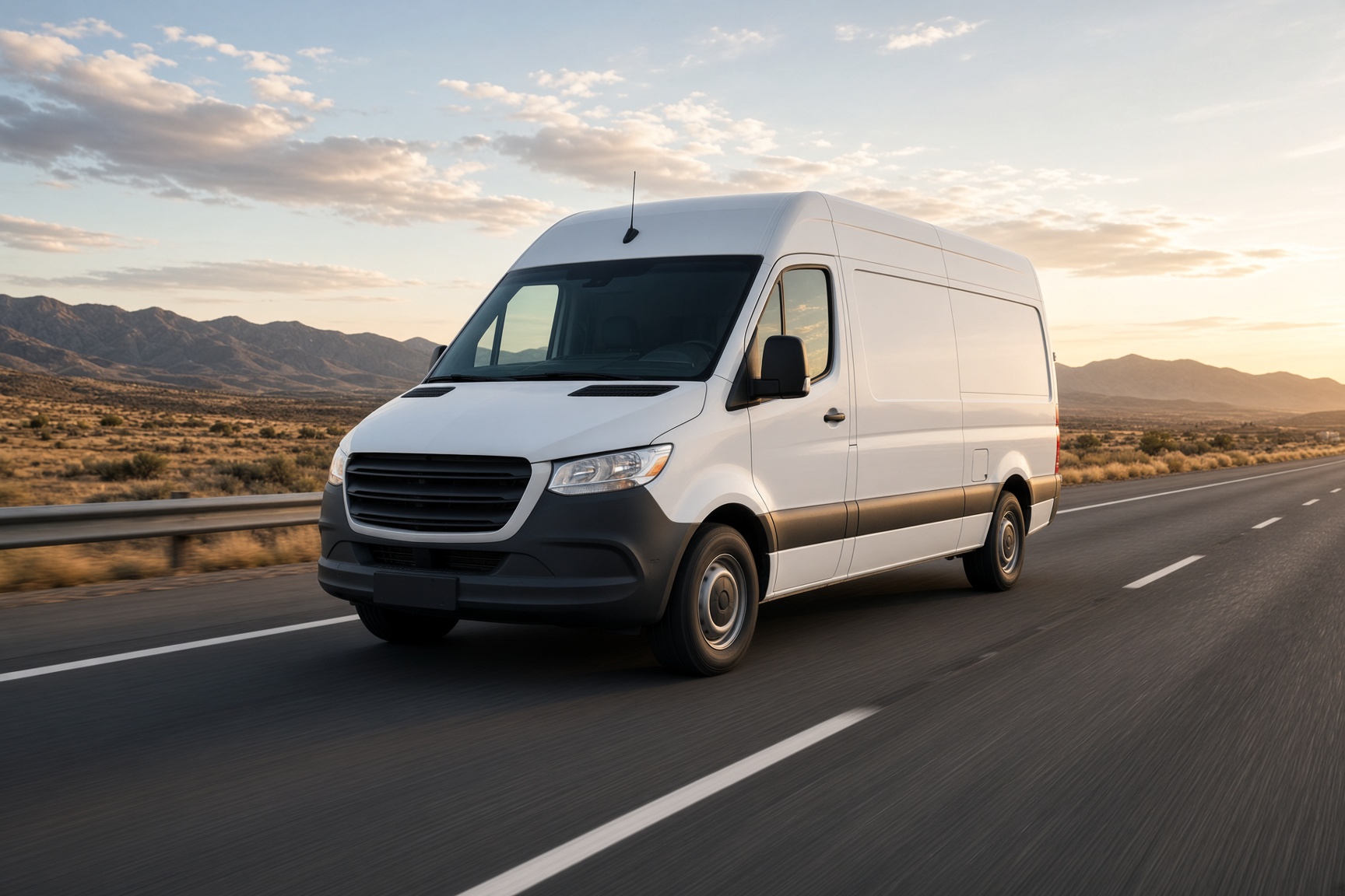 A high-roof expedited cargo van on a highway