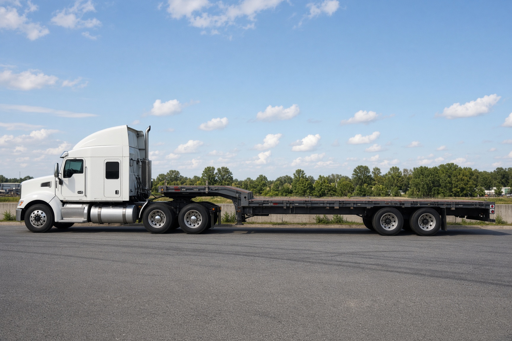 A tractor hooked to a true 53-foot step-deck trailer